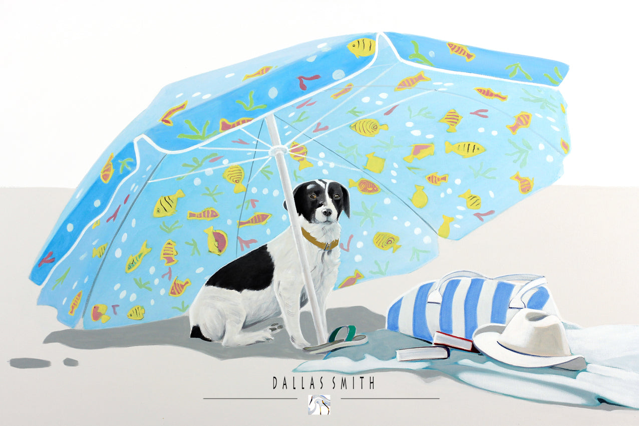 Buy dog on beach print online Order beach umbrella art online Buy Beach house wall art